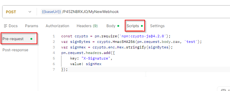 Image showing where scripts should be added in Postman in order to test webhooks