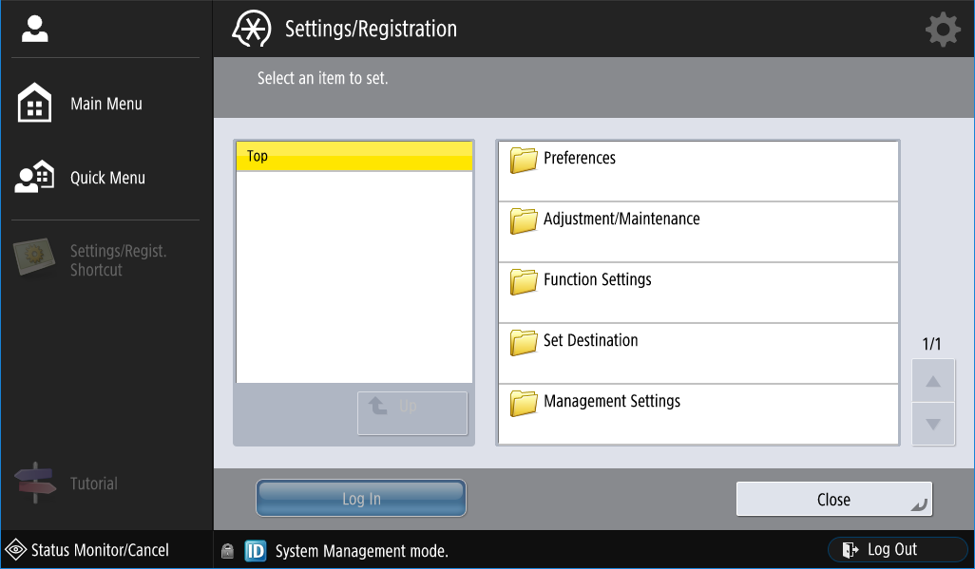 Settings option on an MFP device