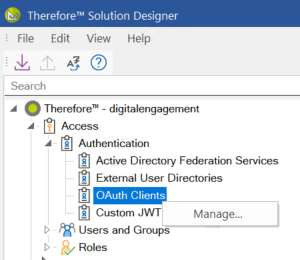 Image showing where to find OAuthClients in the Solution Designer