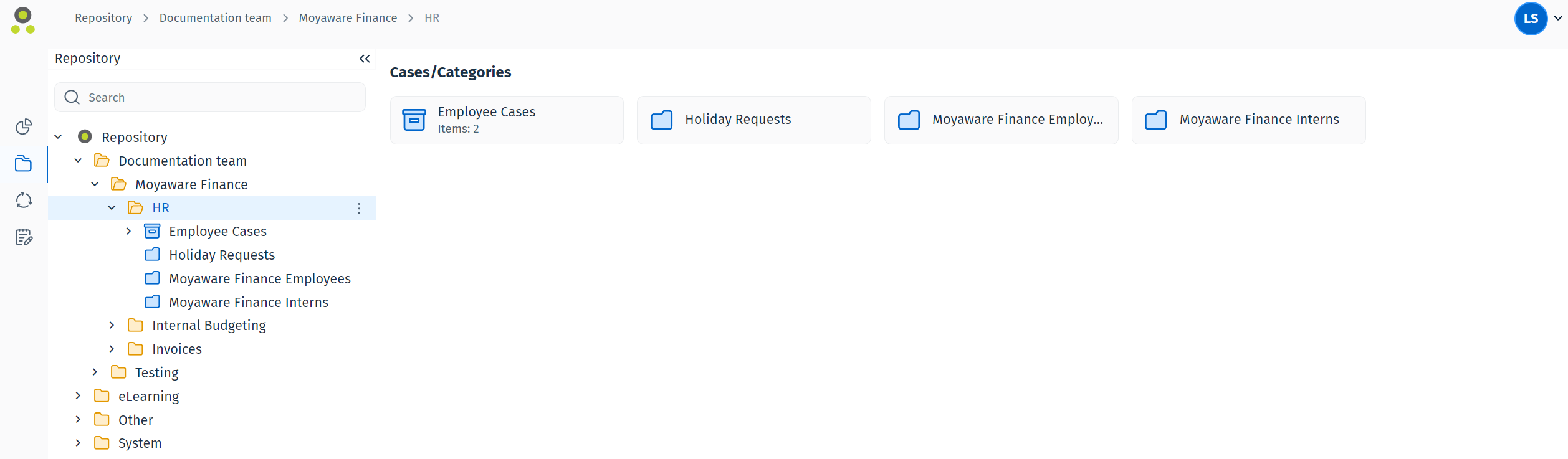 Image showing the HR Folder landing page containing a case definition and categories. The case definition is named Employee Cases.
