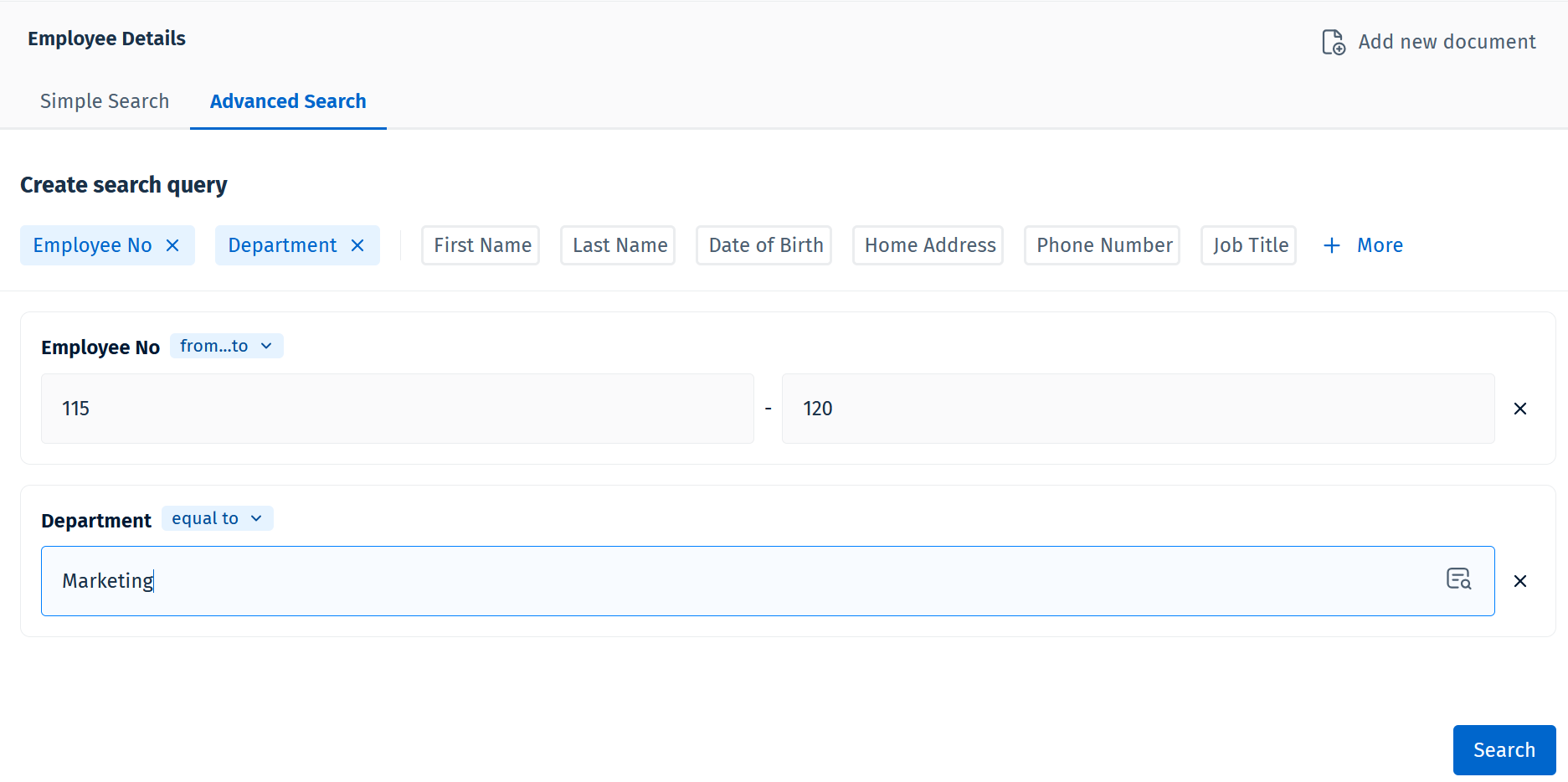 Image showing an Advanced Search configuration with index data fields and operators selected