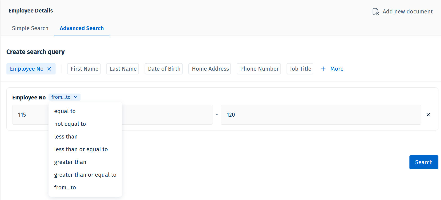 Image showing the operator drop-down menu for a text field. The operator 'From...to' is selected.