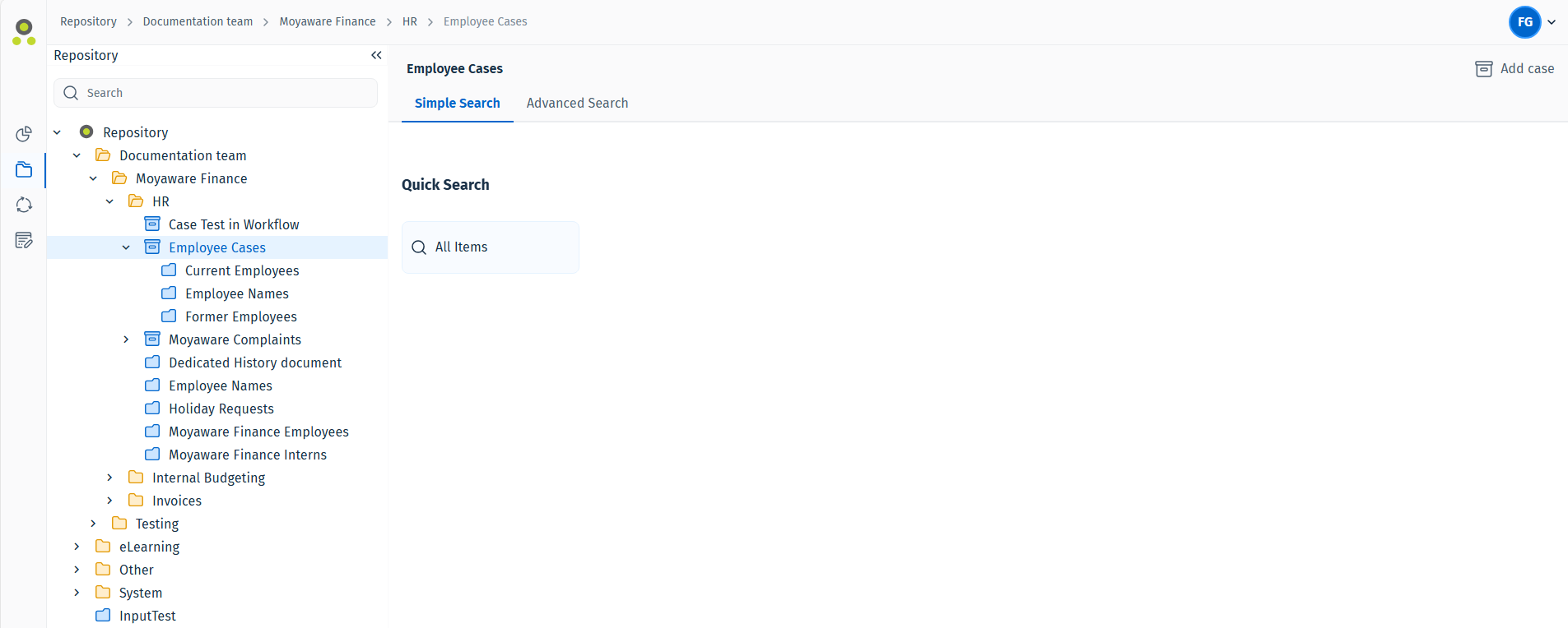 Image showing a case landing page containing search functions and two categories