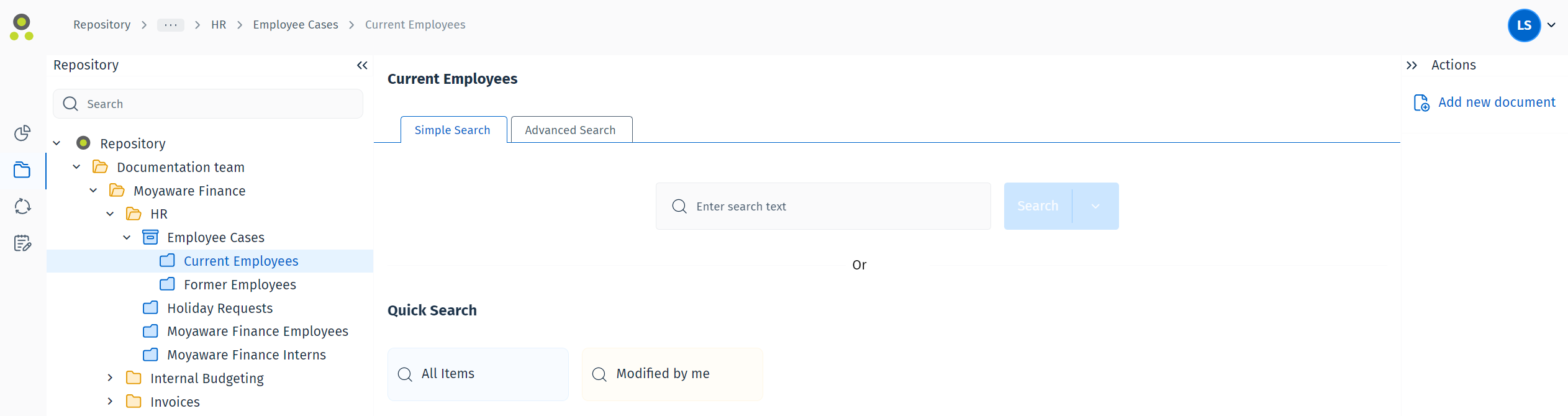 Image showing a category landing page containing the different search functions. The category is named Current Employess and it is contained in the case Employee Cases.