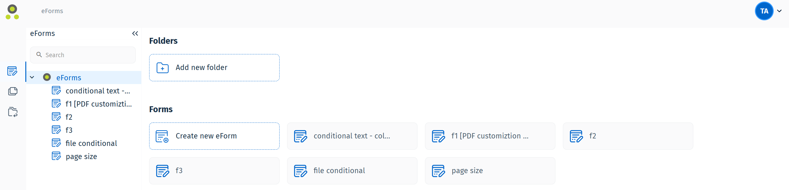 Abbildung der E-Formular-Startseite mit Menüs und Symbolen