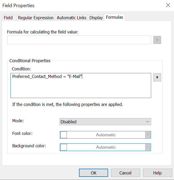 Das mit Feldern, die aufgrund einer Bedingung deaktiviert wurden