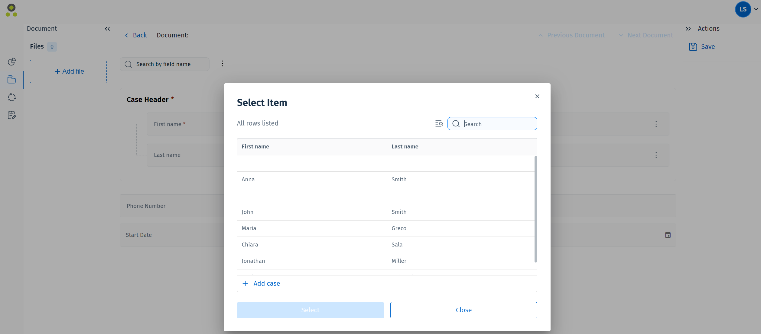 Das Dialogfeld "Element auswählen" mit der Schaltfläche "Akte hinzufügen" in der linken unteren Ecke