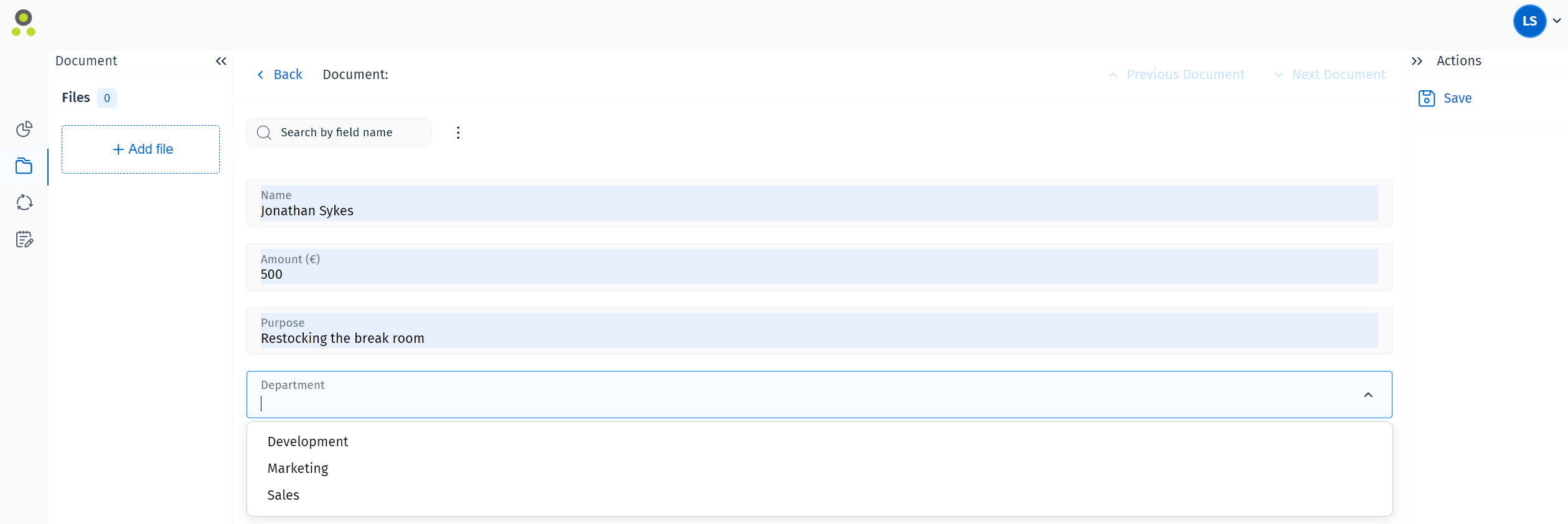 Bildschirmbild der Dropdownliste für ein Schlüsselwortfeld
