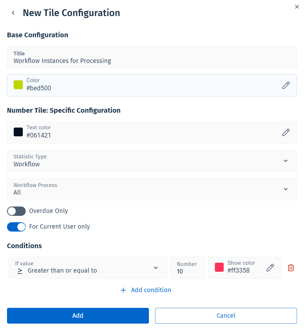 Dialogfeld "Neues Bild zum Dashboard hinzufügen. Die Kachel ist Therefore™-Grün, d. h. #bed500.