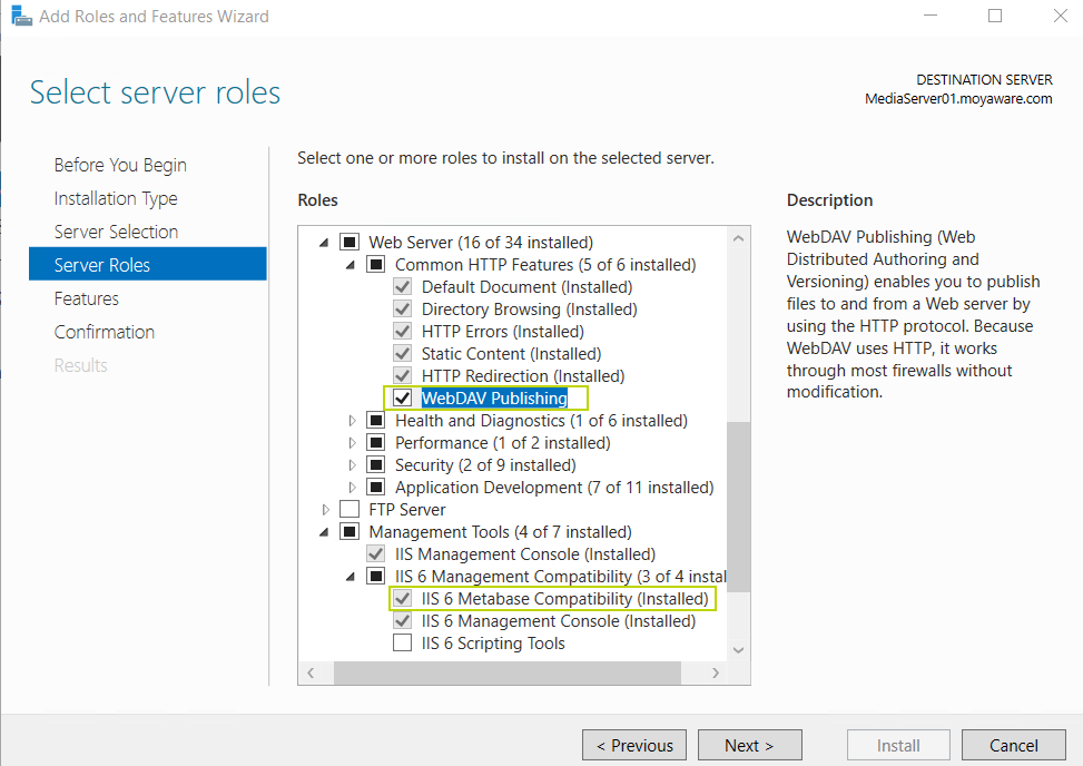 Image showing the Server Roles that should be checked in the Server Manager