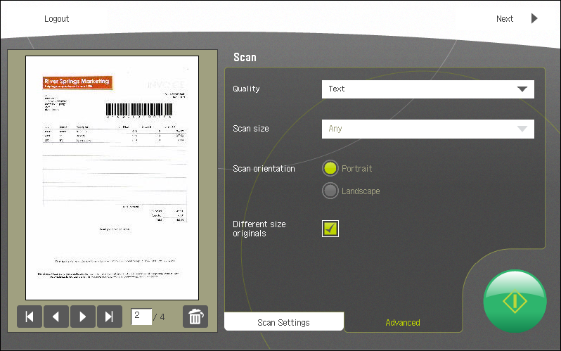 Image showing the Advanced settings of the MFP scan dialog