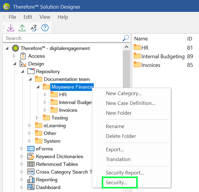 An image showing the context menu on a Therefore™ object with 'Security' highlighted