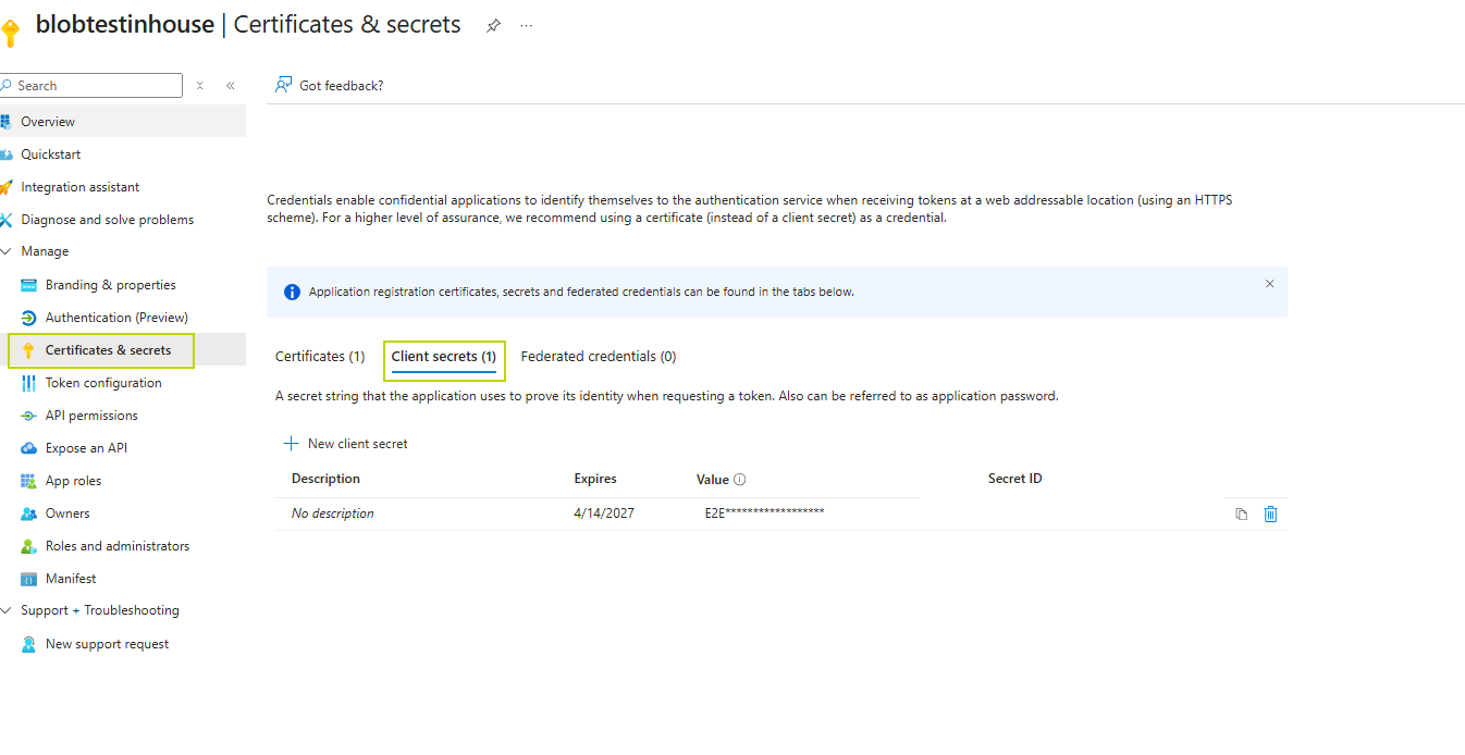 Image showing configuration for authentication with client secret in the Azure portal