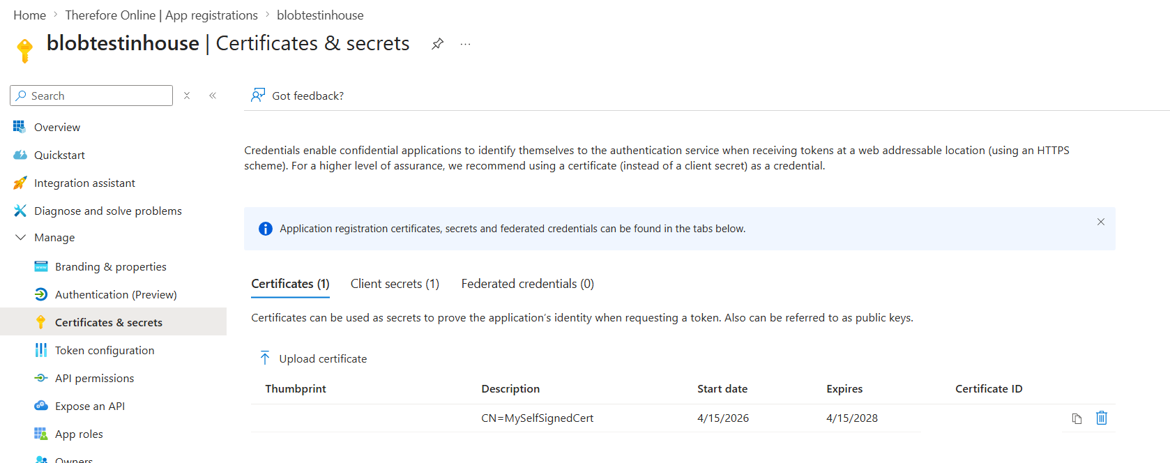 Image showing where to upload a certificate in the Azure portal