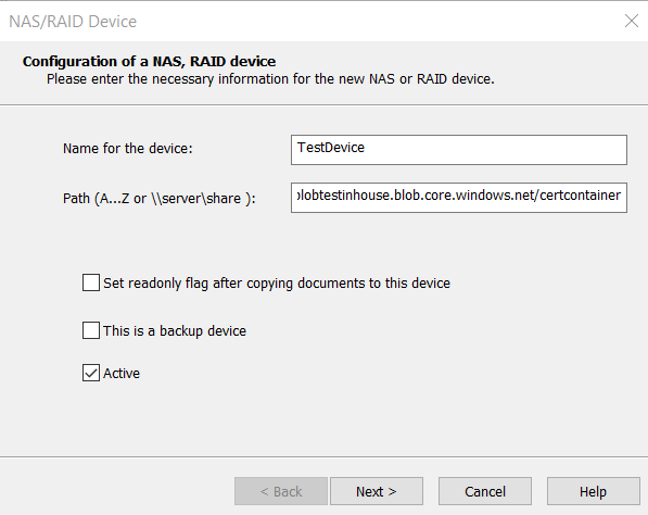 Image showing the the NAS/RAID dialog with blob storage configured