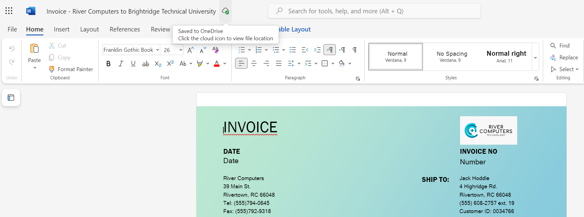 Image showing edits being automatically saved in OneDrive