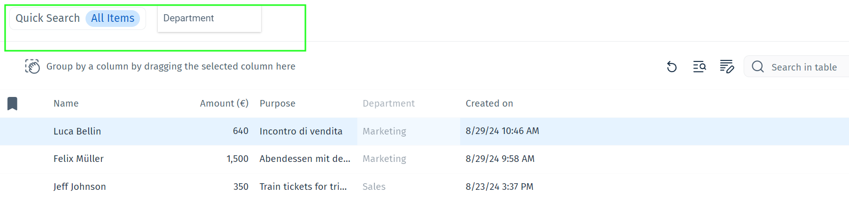 Image showing a column header being dragged into the grouping area Image showing a column header being dragged into the grouping area