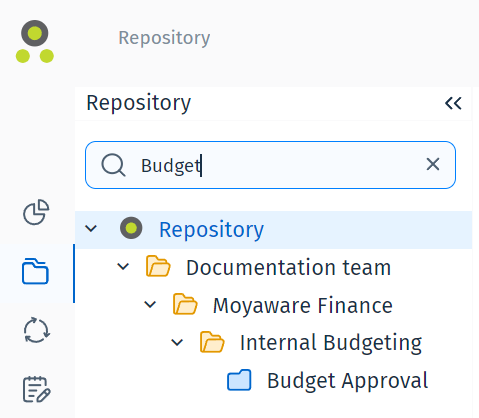 Image showing the filtered tree view after entering a search term and running a repository search Image showing the filtered tree view after entering the search term 'Budget Approval' and running a repository search