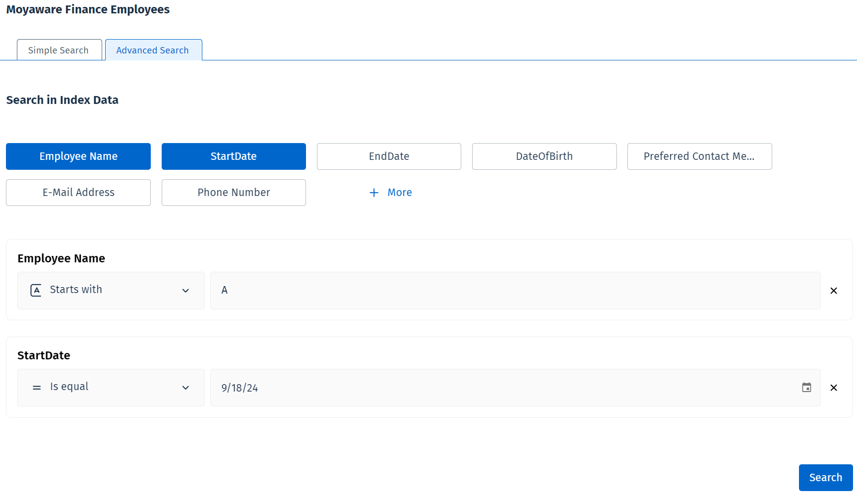 Image showing an Advanced Search configuration with index data fields and operators selected Image showing an Advanced Search configuration with index data fields and operators selected