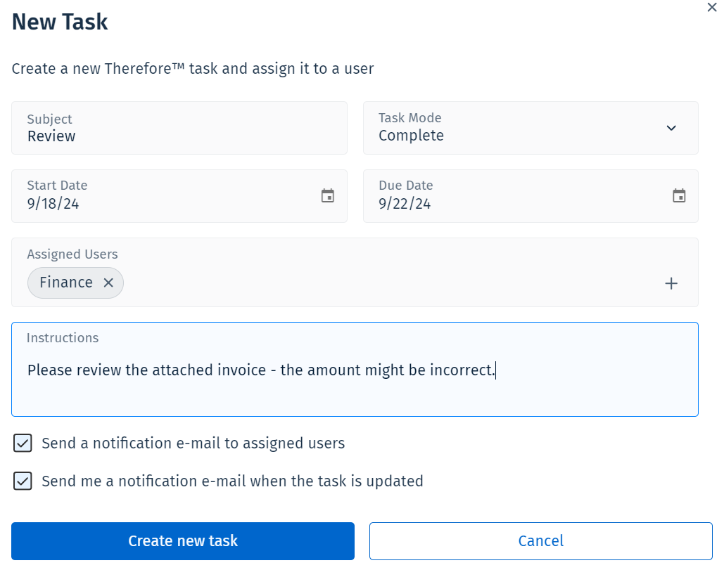 Image showing the New Task dialog with fields filled in Image showing the New Task dialog with fields filled in