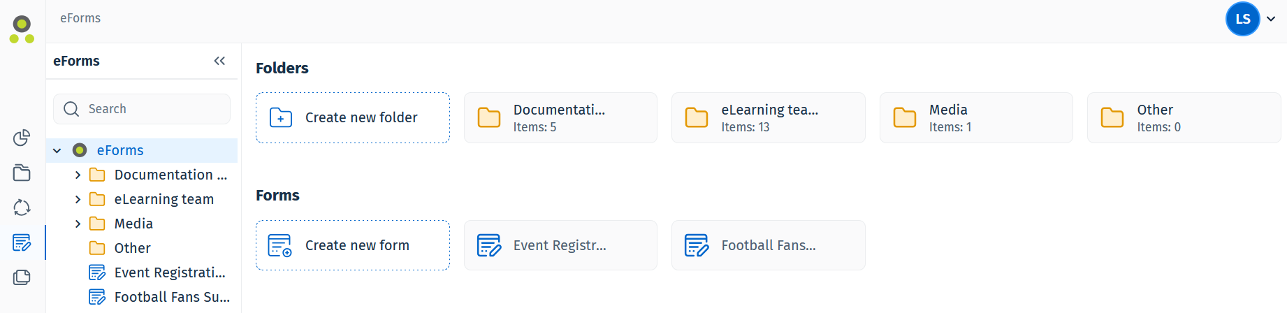 An image showing the eForms landing page with the different menus and icons