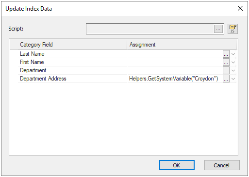 Configuration dialog for the Update Index Data task with the function 'Helpers.GetSystemVariable' assigning a value to a cateogory.