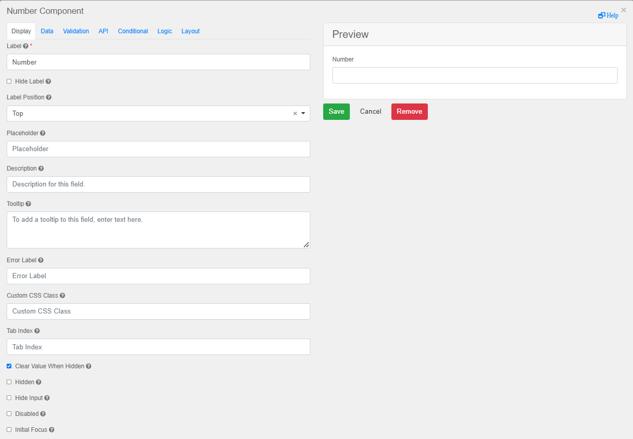 Display tab in the eForms component dialog