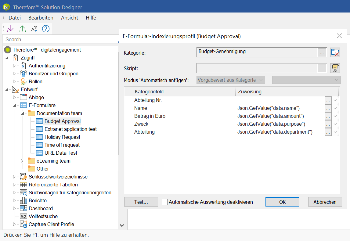 Abbildung der Verarbeitungskonfiguration eines E-Formulars
