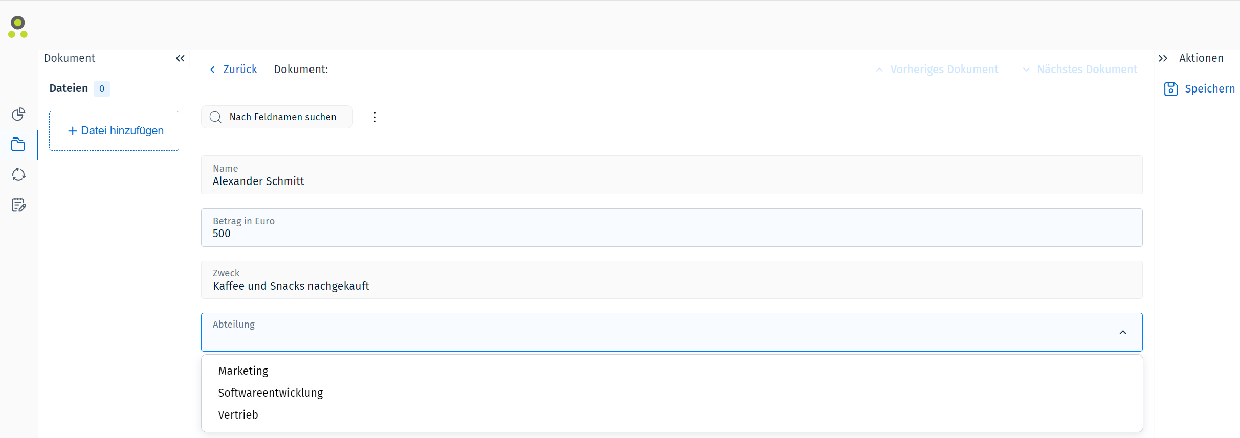 Bildschirmbild der Dropdownliste für ein Schlüsselwortfeld