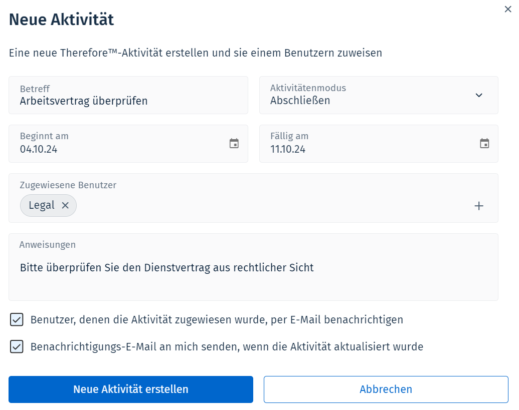 Bild des Dialogfelds "Neue Aktivität" Bild des Dialogfelds "Neue Aktivität"