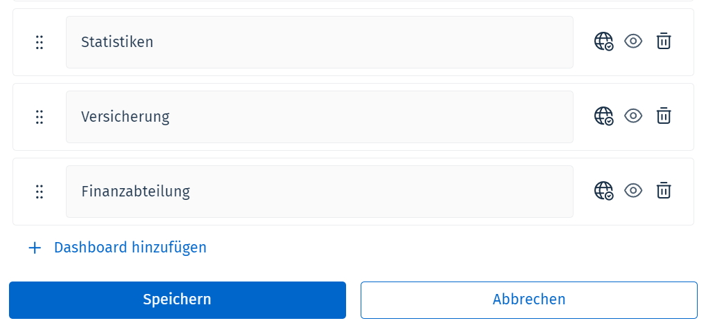 Ein Bild von Dashboards in einer Listenansicht im Dialogfeld "Dashboards verwalten"