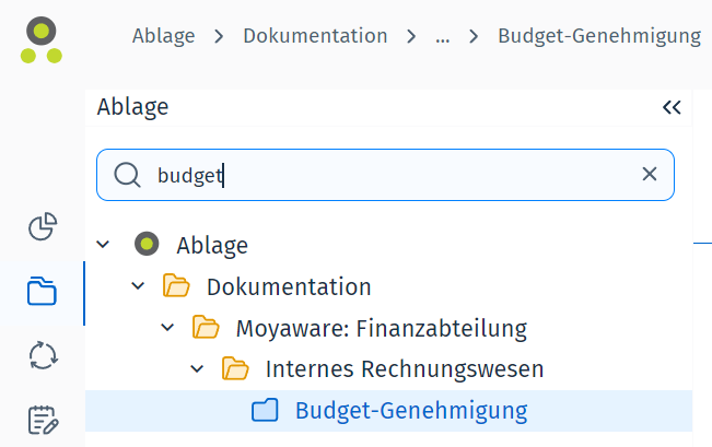 Bild der gefilterten Baumstruktur nach der Eingabe eines Suchbegriffs und dem Durchführen einer Repository-Suche Bild der gefilterten Baumstruktur, nachdem Sie den Suchbegriff "Budget Approval" eingegeben und eine Repository-Suche ausgeführt haben