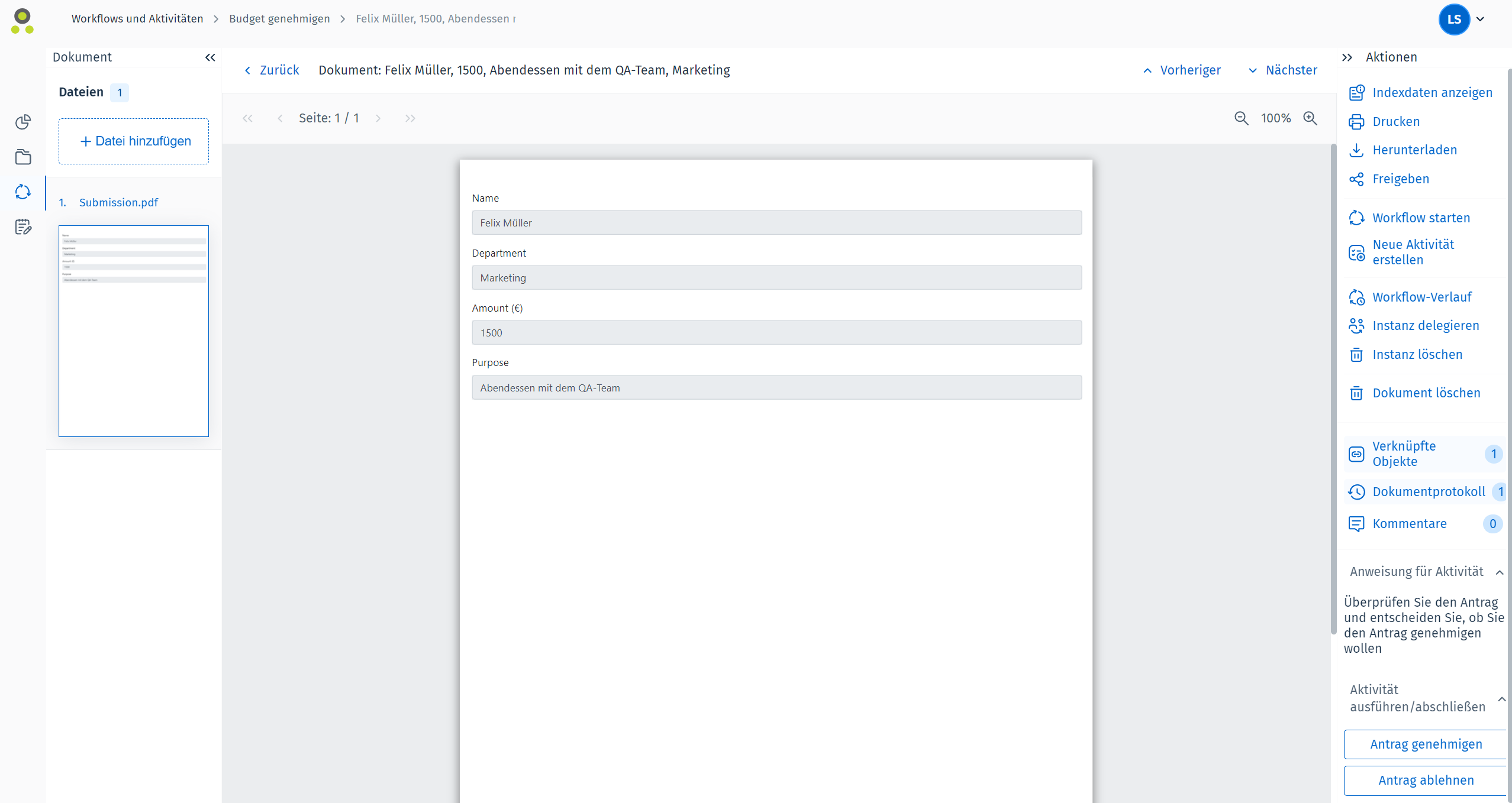 Bild einer Workflow-Instanz mit dem Menü "Aktionen" auf der rechten Seite Bild einer Workflow-Instanz mit dem Menü "Aktionen" auf der rechten Seite