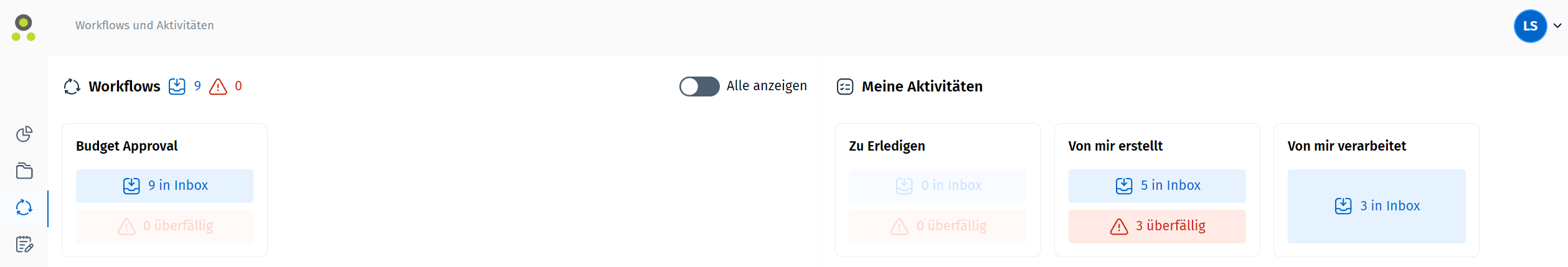 Bild mit den Inboxen für Workflows und Aktivitäten Bild mit den Inboxen für Workflows und Aktivitäten