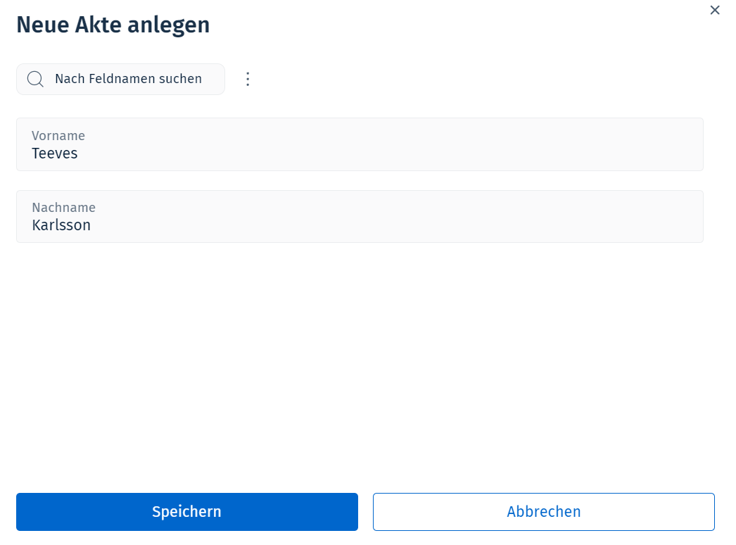 Das Dialogfeld "Akte erstellen" mit den Indexfeldern für die Aktenkopfzeile
