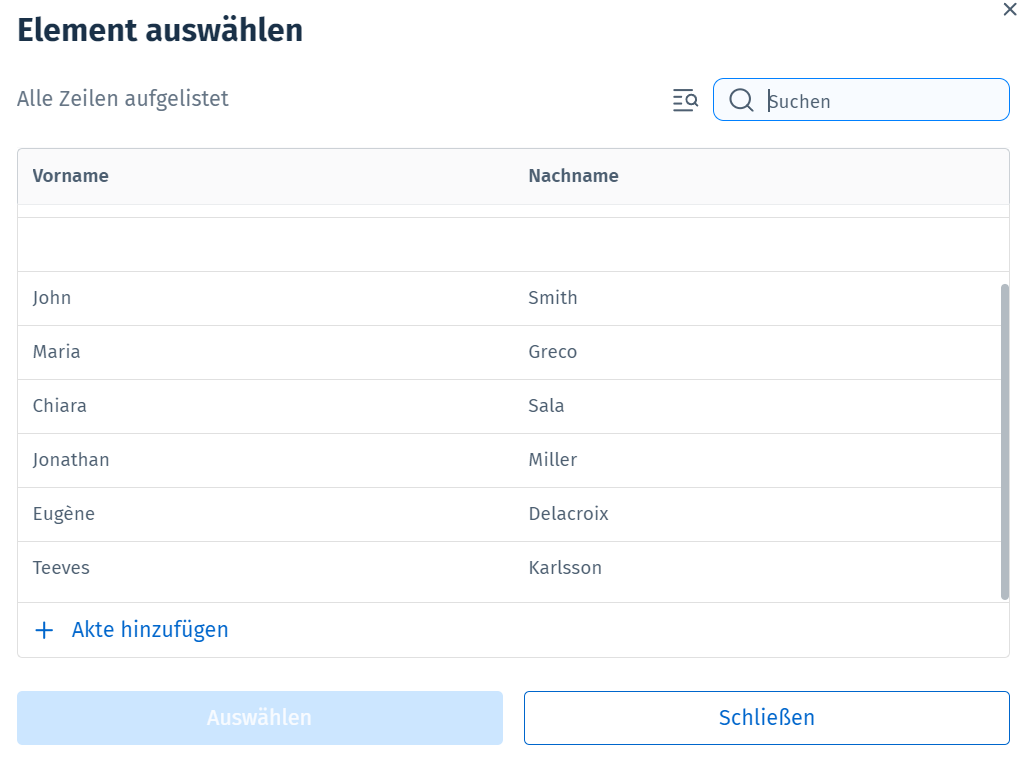 Das Dialogfeld "Element auswählen" mit der Schaltfläche "Akte hinzufügen" in der linken unteren Ecke