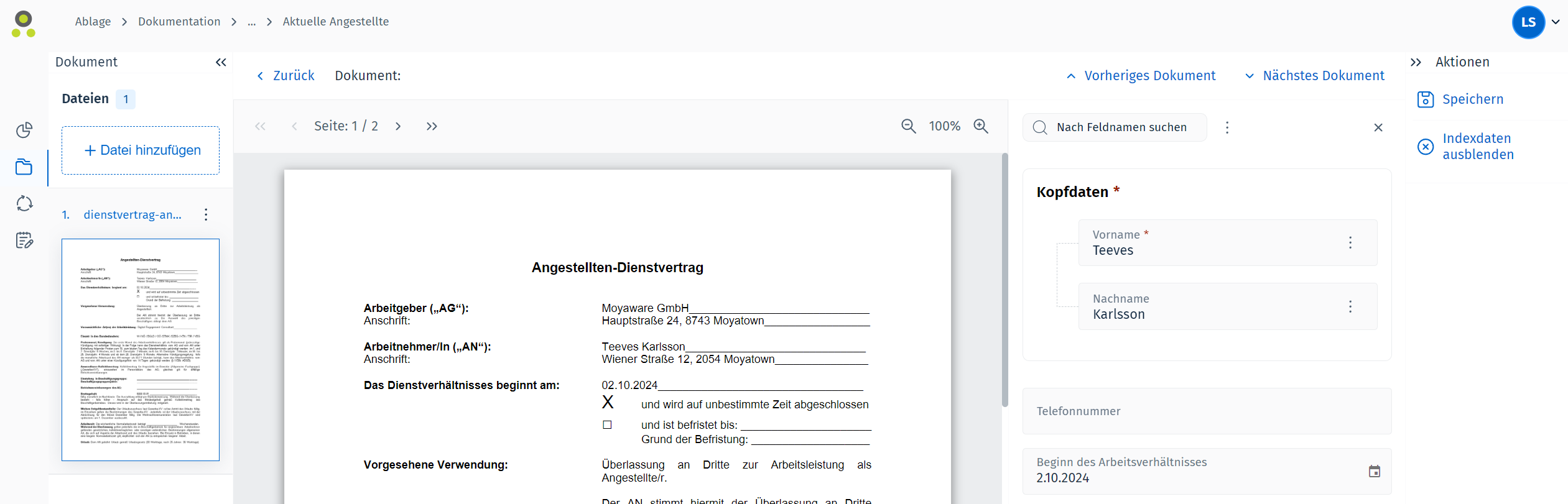 Bild einer hinzugefügten Datei mit der Miniaturansicht auf der linken und den hinzugefügten Indexdatenwerten auf der rechten Seite