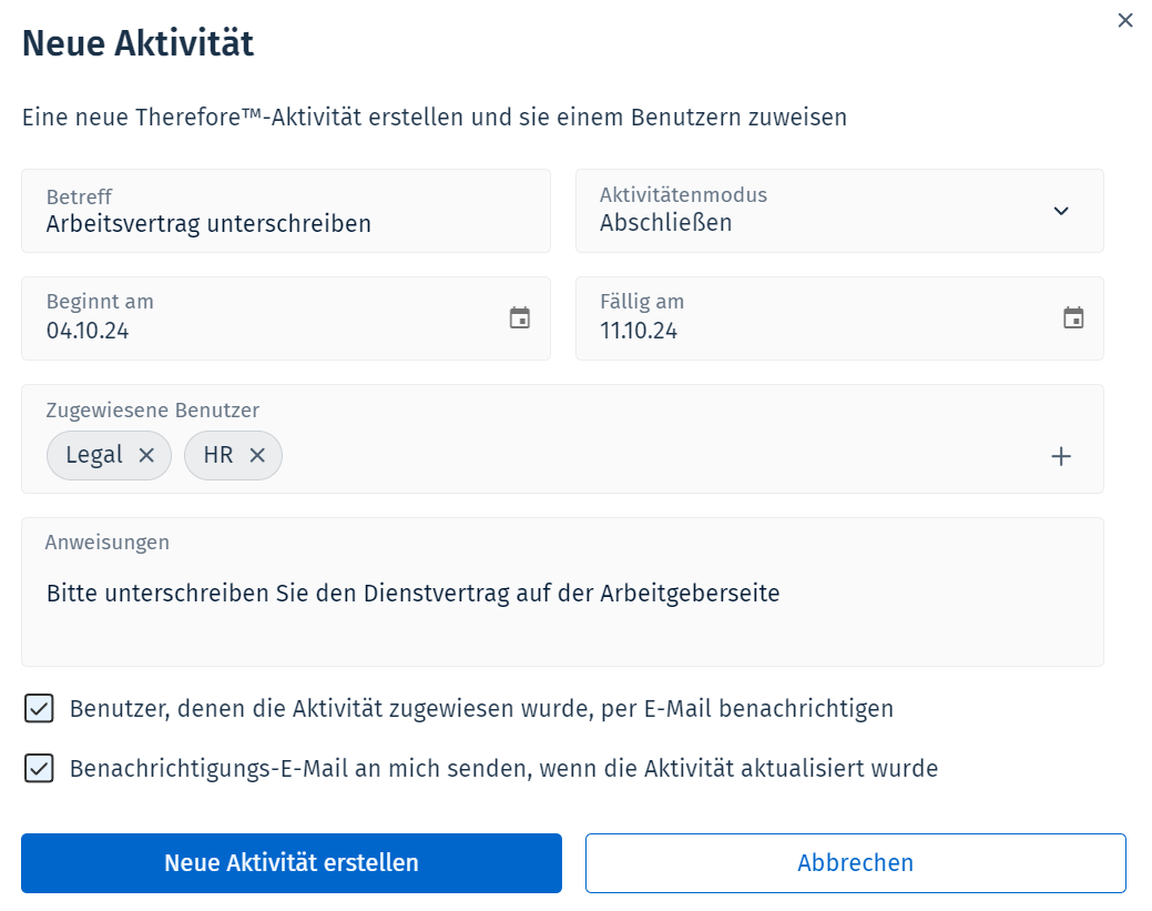 Bild des Dialogfelds "Neue Aktivität" mit ausgefüllten Feldern Bild des Dialogfelds "Neue Aktivität" mit ausgefüllten Feldern