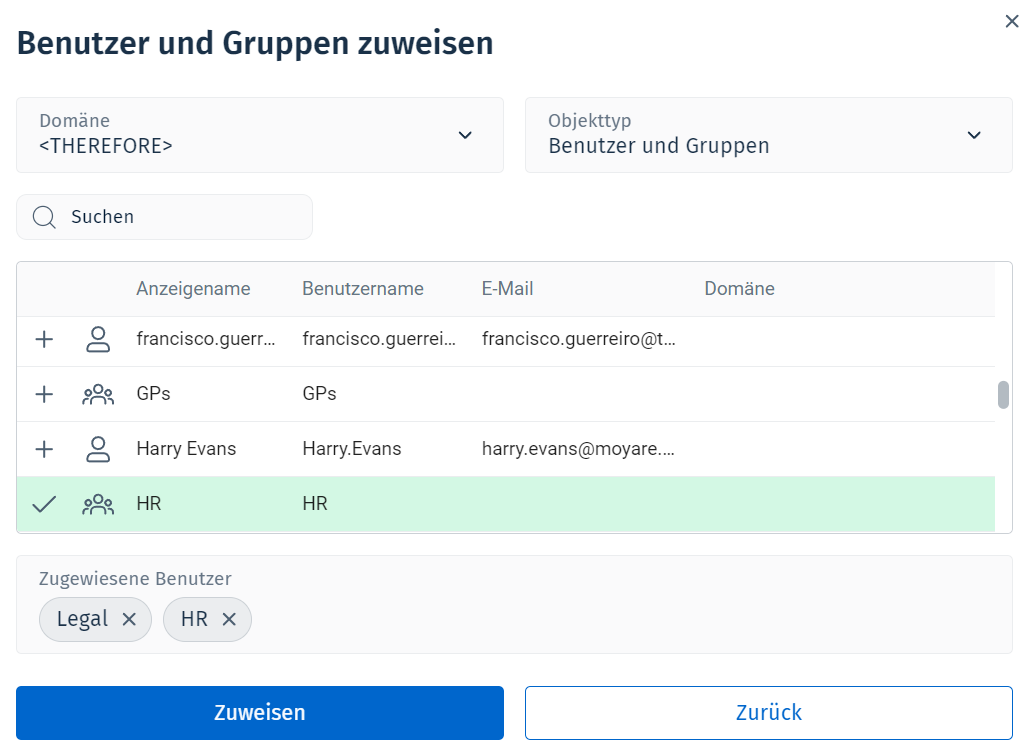 Bild des Dialogfelds "Benutzer und Gruppen zuweisen" mit einer ausgewählten Gruppe