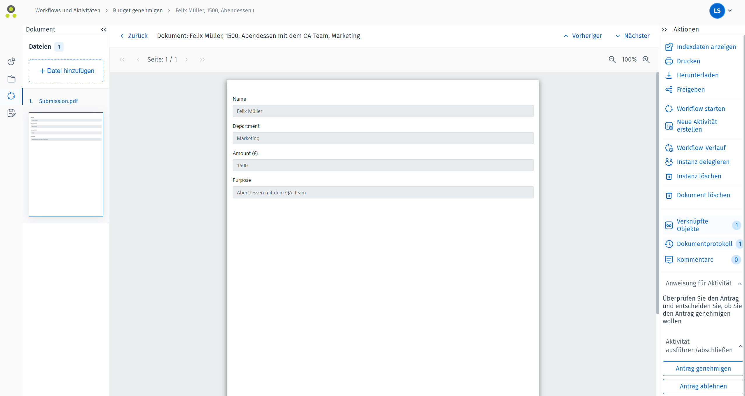 Bild einer Workflow-Aktivität, die verarbeitet werden muss