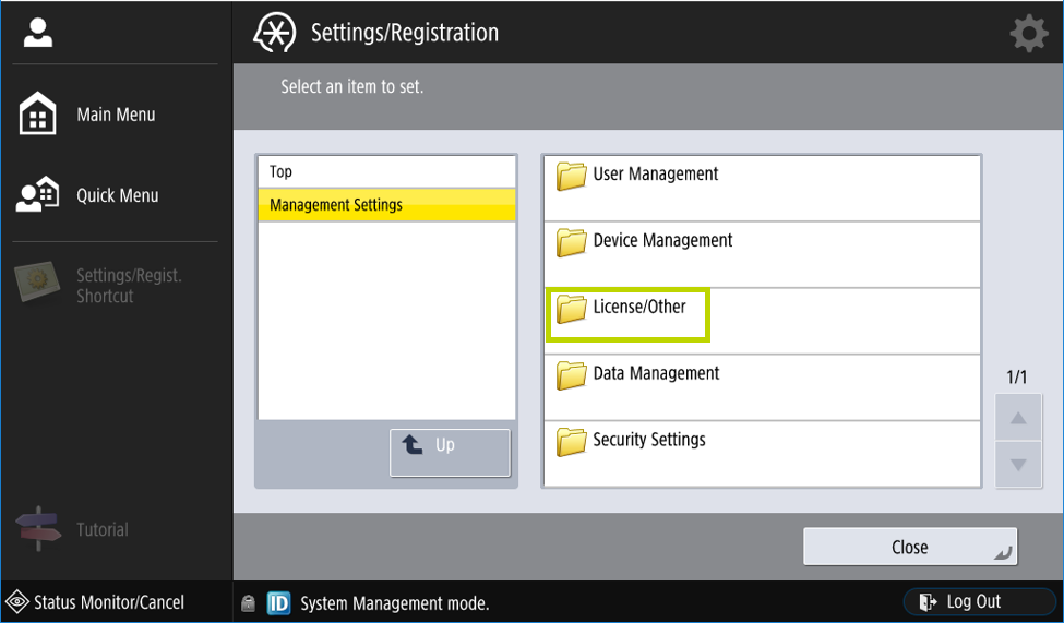 Image showing the License/Other option in the Management settings