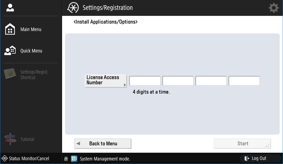 Image showing the license access number prompt on an MFP device