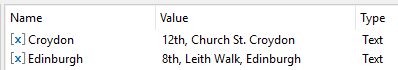 Two system variables listed, each an address for a specific office, identified by the city for each respective office.