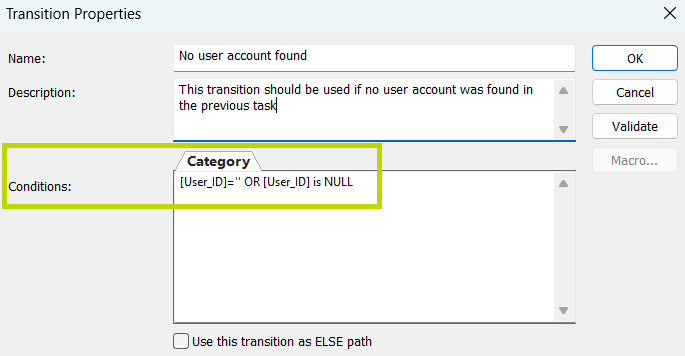 Image showing the Transition Properties dialog with the Condition field highlighted