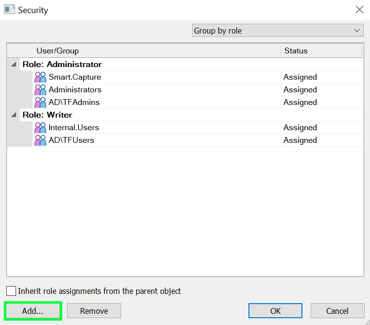 A screenshot showing the Security dialog on a Therefore™ object