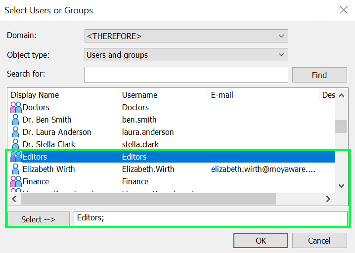 Image showing the Assign Users or Groups dialog with a group selected