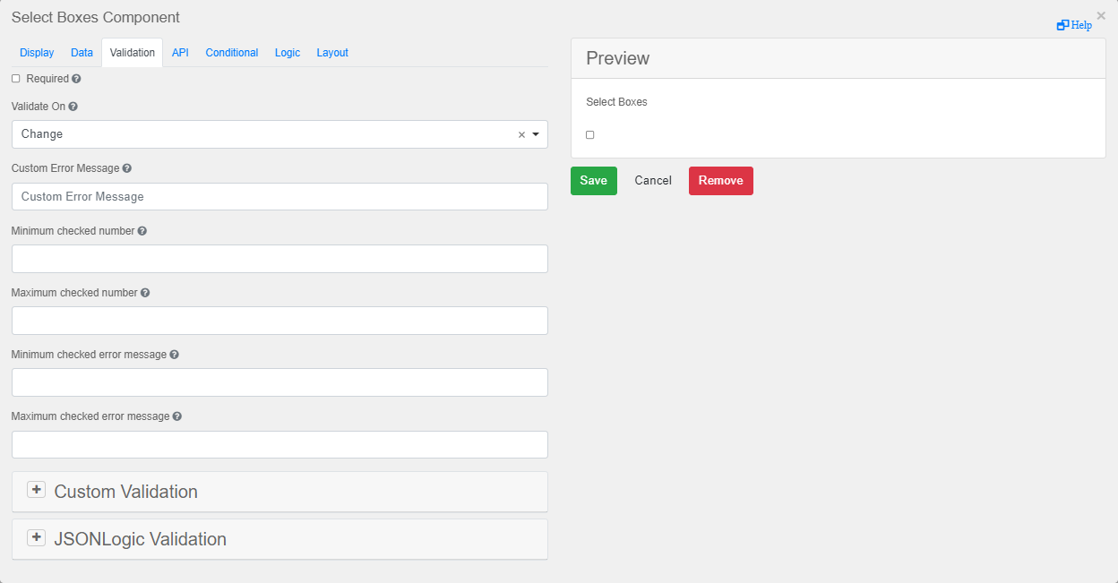 Validation Tab in the eForms Component dialog