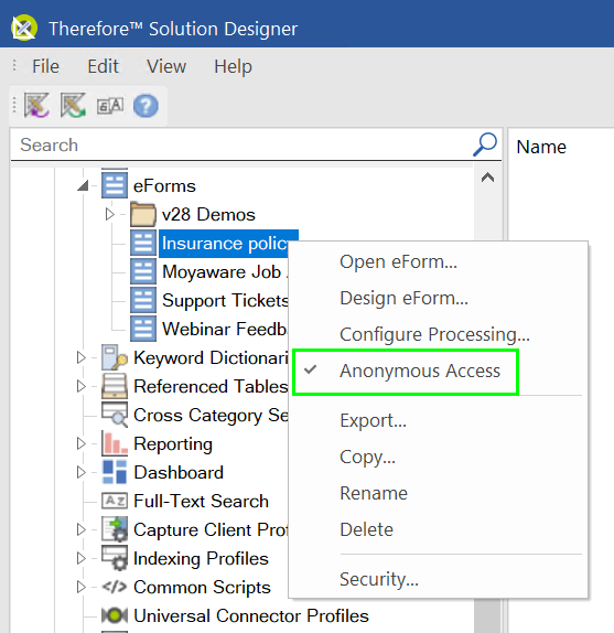 Image showing the form context menu when anonymous access is enabled