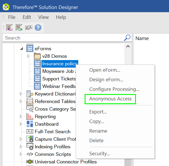 Form context menu showcasing the Anonymous Access option