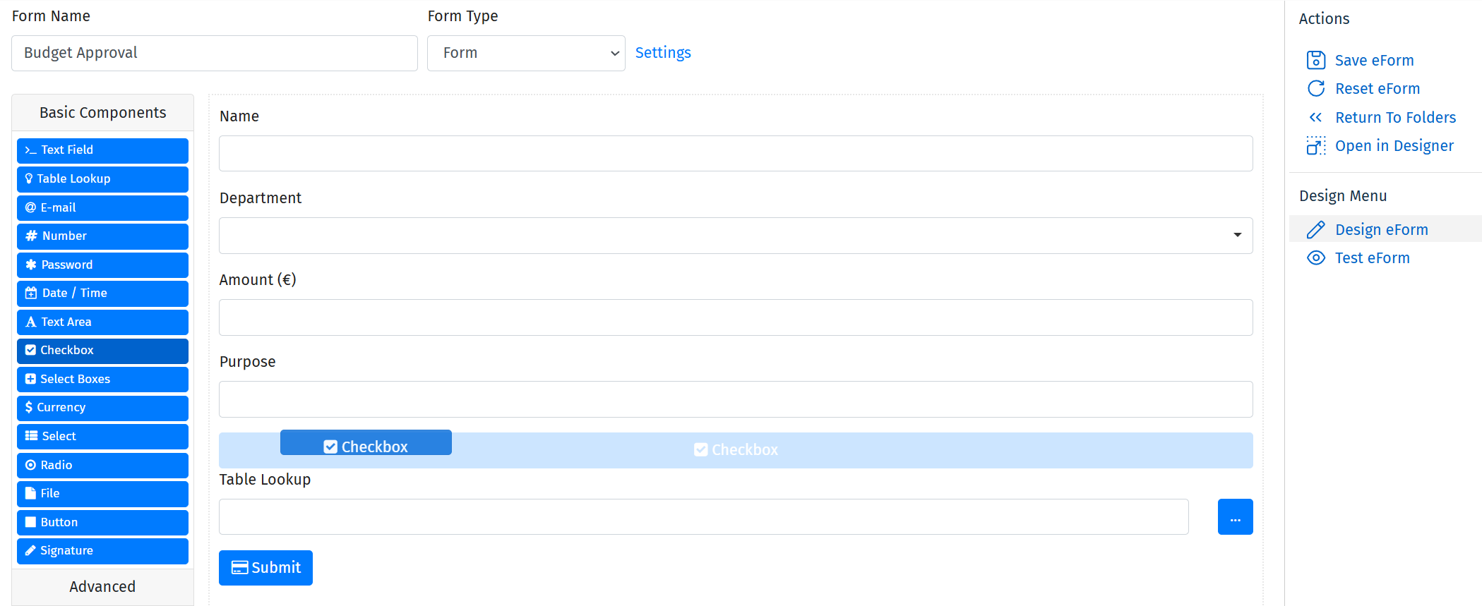 Image showing an eForm component being added in the web interface